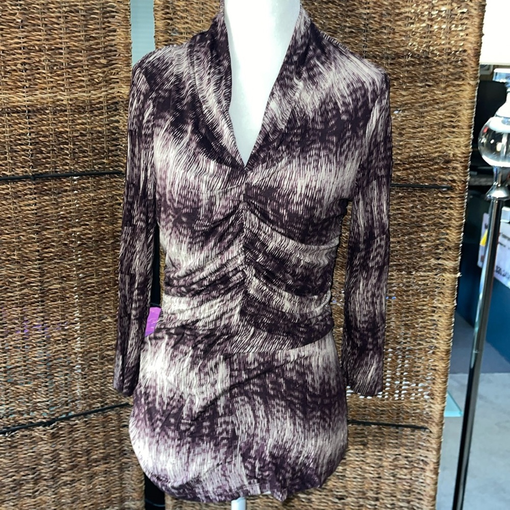 Ann Taylor Factory Plum & Cream Ruched V-Neck Long Sleeve Top